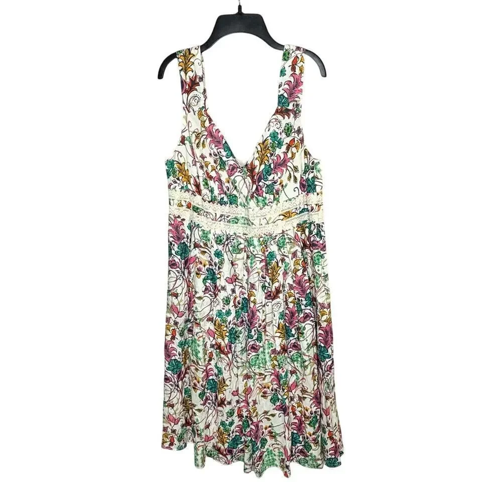 Sundance 100% Linen Girly Lace Floral Bright Fun Preppy Cottage Dress Size 12